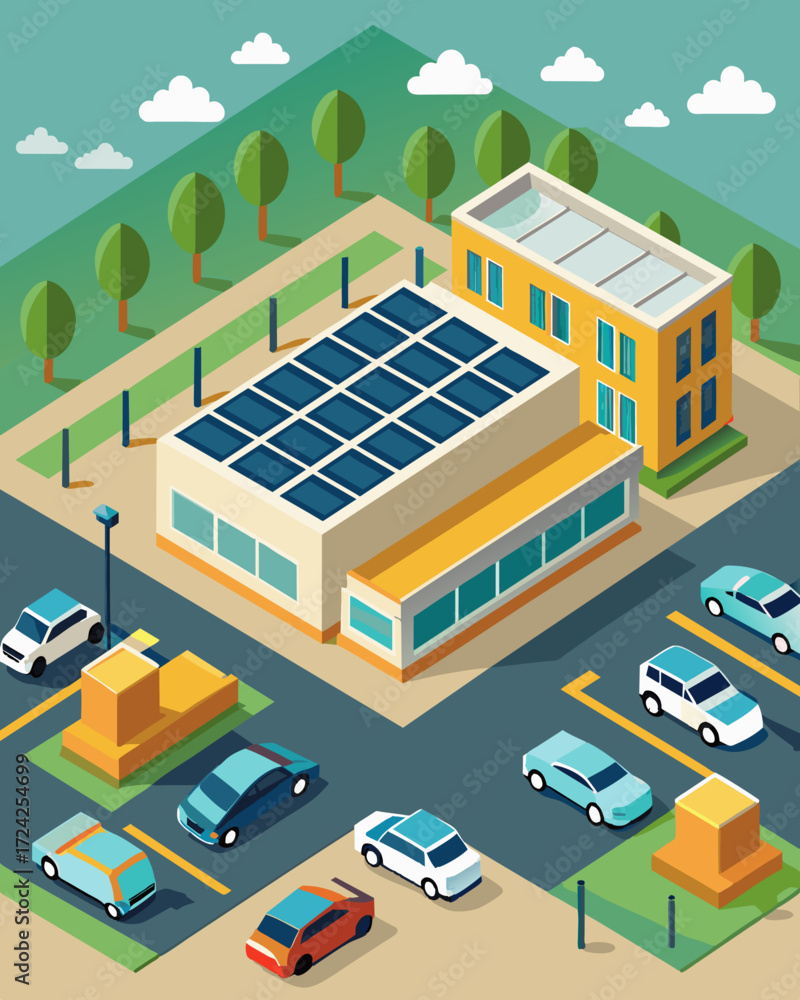 Poster a suburban office complex outfitted with solar panels on every building allowing for a network of el