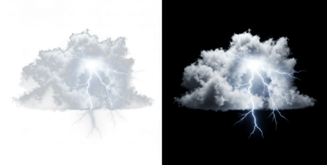 Storm clouds with thunder and lightning PNG cutout, dark bad weather sky overlay isolated, dramatic electric storm effect, thunderbolt cloud design for severe weather visuals, danger, and nature