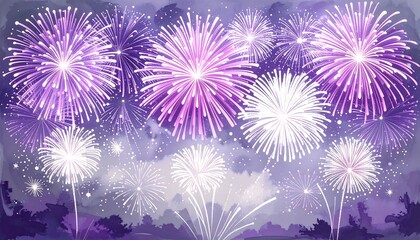 Vibrant fireworks explode in a twilight purple sky