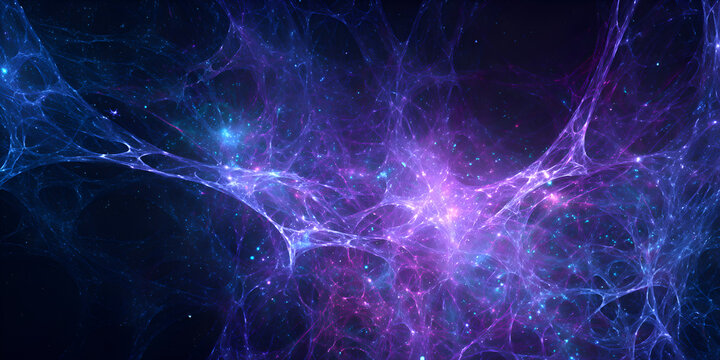 Abstract cosmic web with glowing purple and blue nodes