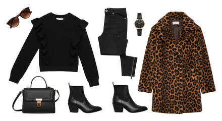 Chic womens fashion outfit with leopard print coat, black sweater, jeans, ankle boots, handbag, sunglasses, and watch, perfect for autumn or winter style isolated on transparent background