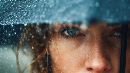 Moisture-covered umbrella held by a focused person with striking blue eyes showing emotional depth amid a rainy background and blurred droplets enhancing the atmosphere.
