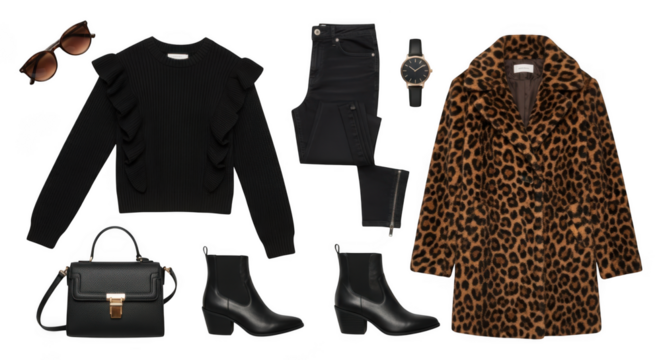 Chic womens fashion outfit with leopard print coat, black sweater, jeans, ankle boots, handbag, sunglasses, and watch, perfect for autumn or winter style isolated on transparent background