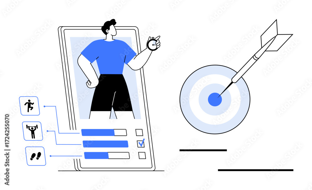 Aufkleber man in fitness app interface checking health stats, tracking exercise progress, and pointing to bull