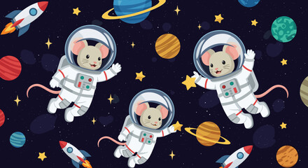Whimsical astronaut mice explore vibrant outer space with planets rockets and twinkling stars © X-Vector
