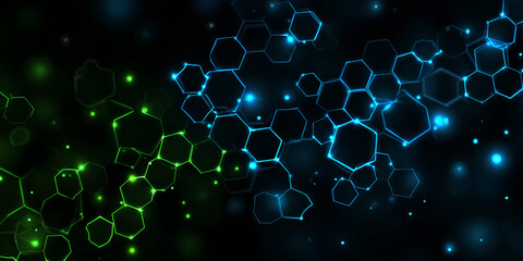 Glowing green and blue connected hexagons forming a digital molecular structure