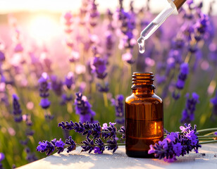 Óleo Essencial de Lavanda, Frasco de vidro âmbar, pipeta de vidro conta-gotas Flores de Lavanda Francesa, aromaterapia