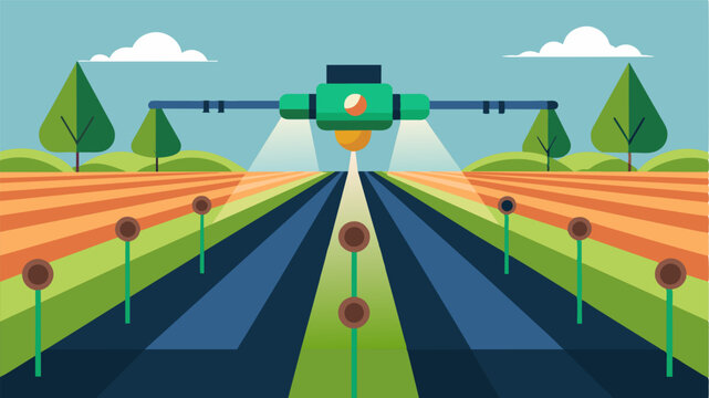 A closeup of a smart fertilizer dispensers precision nozzles accurately targeting specific areas of the field for customized fertilization.. Vector illustration