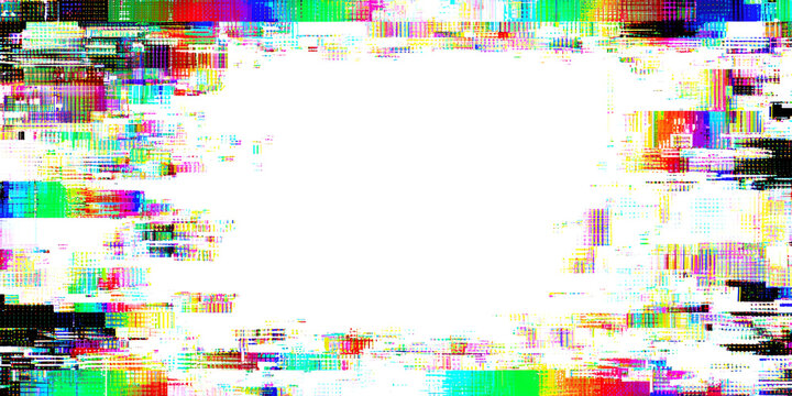 Bright glitch screen with horizontal distortion bars and color bleed