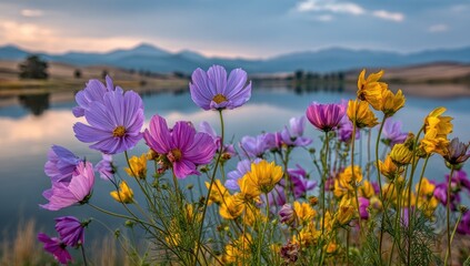 Vibrant cosmos flowers in a field by a serene lake, showcasing a spectrum of purples, pinks, and yellows against a backdrop of mountains.