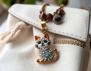 Delicate cat pendant necklace on off-white leather