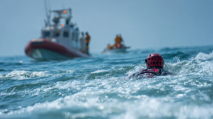 Rescue swimmer navigating ocean waves towards response boat in bright daylight, emergency rescue mission, teamwork, water safety,  and rescue operation.