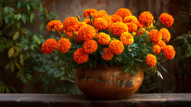 Orange marigolds in a pot - Powered by Adobe