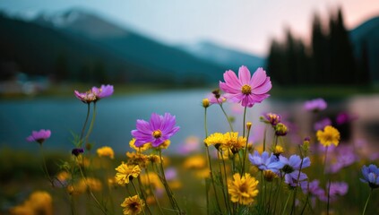 Vibrant cosmos flowers blossom by a serene lake, showcasing a picturesque landscape with a soft, warm light.