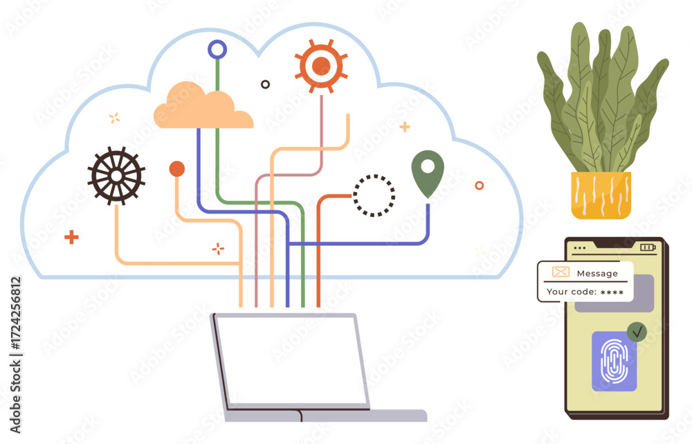 Poster cloud with gears and lines linking laptop and smartphone with fingerprint verification potted plant 