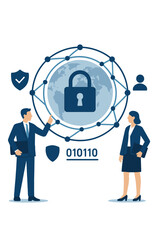 The cybersecurity concept of global network security technology involves business professionals safeguarding personal data, with encryption represented by a padlock icon on the virtual interface