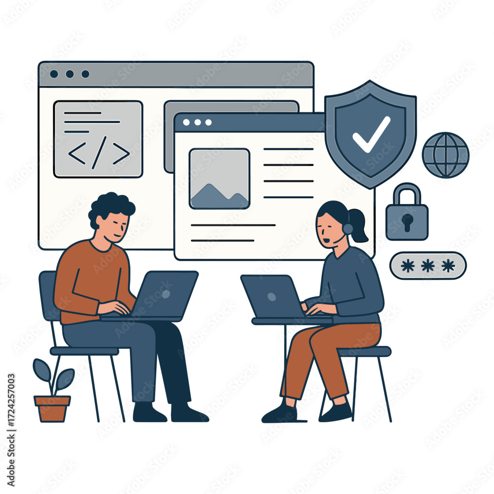 Poster programmers and cybersecurity technologies develop websites and security measures for the social wor