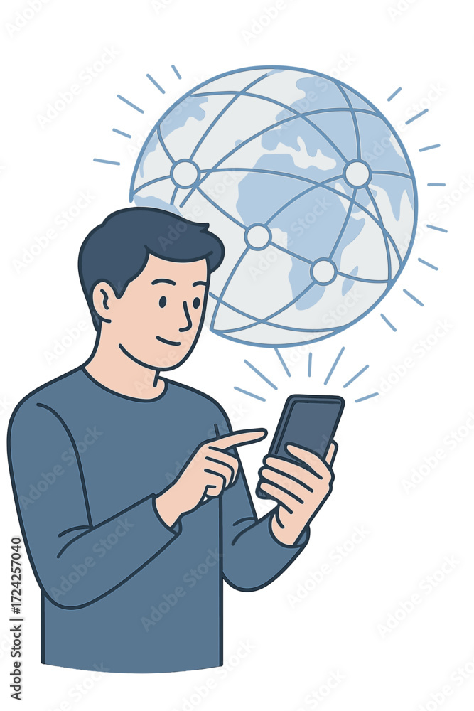 Poster A man using a mobile smartphone with global network connectivity, embodying innovative technology and communication concepts