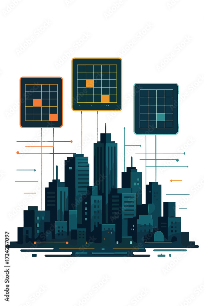 Poster A miniature cityscape is overlaid with high‑tech data network color grids, rendered cinematically using  technology