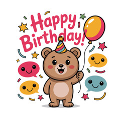 A cartoon bear with a party hat holding a balloon surrounded by birthday decorations and speech bubbles