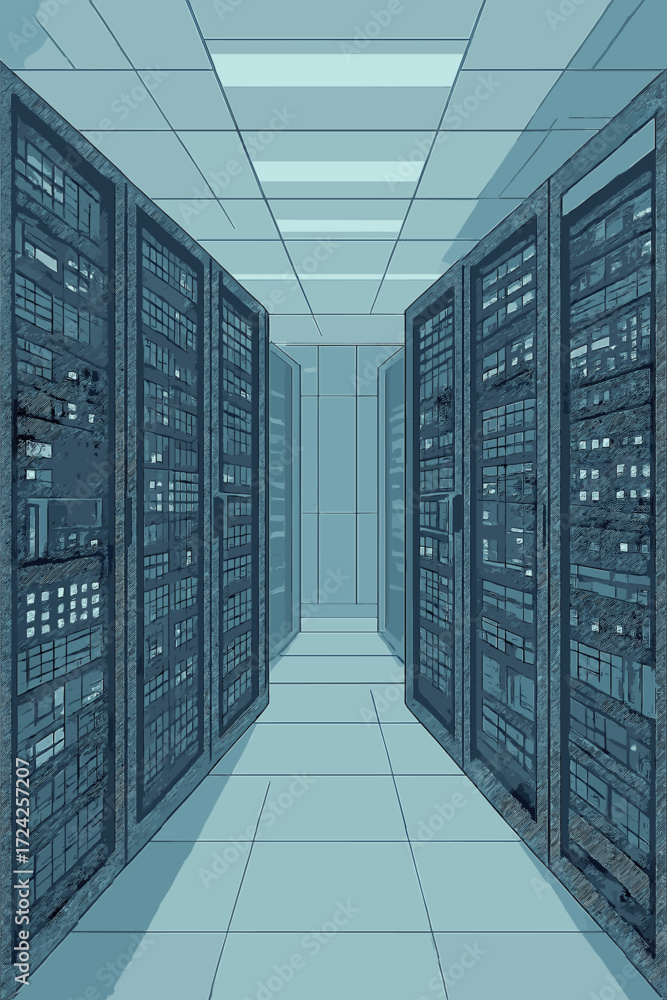 Poster a modern, high‑tech internet data center room depicted abstractly, featuring rows of racks filled wi
