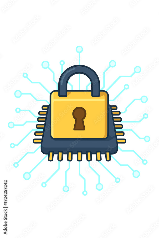 Poster a golden padlock guarding a central processing unit represents data protection and digital security 