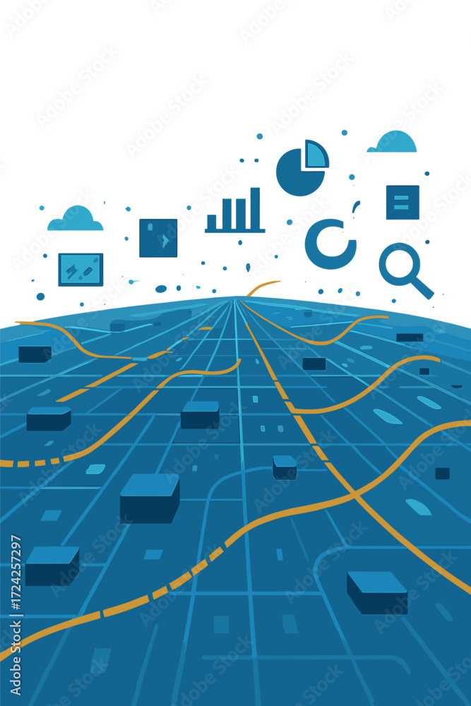 Poster the animated backdrop depicts a futuristic portrayal of digital data processing and transfer through