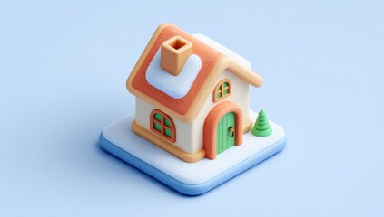 A charming, stylized representation of a small, winter-themed home, rendered in pastel colors, sitting atop a snow-covered base.