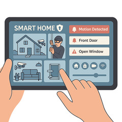 On a tablet, a smart home security interface shows real‑time video feeds and alerts from multiple cameras and sensors throughout the house, while a user remotely adjusts settings