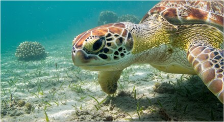 Obraz premium Intimate Underwater Portrait of a Green Sea Turtle in Mandeh Bay