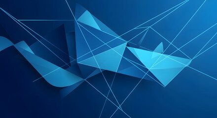 Abstract geometric design with overlapping triangles and lines, in shades of blue.