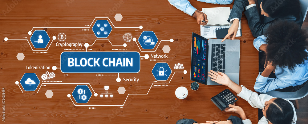 Poster a diverse team collaborates on blockchain technology, analyzing cryptography and security on a lapto