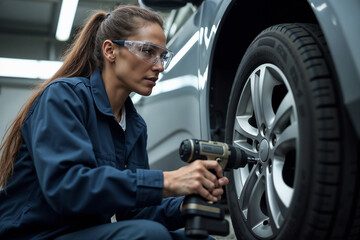 A young female auto mechanic in a blue overalls repairs a car with an impact wrench at a service center.