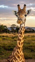 Close-up of a giraffe with a long neck against a golden sunset savanna