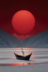 A serene landscape with a lone egret perched atop a weathered rowboat, bathed in the warm glow of a vibrant crimson sunset over snow-capped mountains.