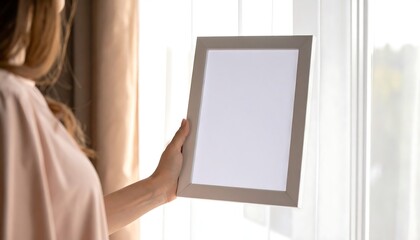 Woman holding a blank frame by a window