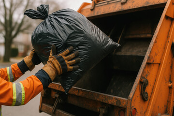 Waste Disposal: A sanitation worker handles a black garbage bag, highlighting the process of waste disposal and environmental cleanliness.