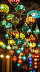 a colorful Moroccan lanterns hanging from the ceiling