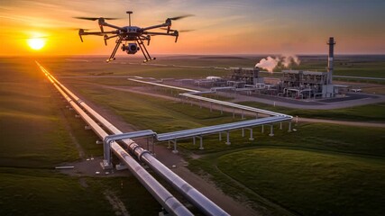 Drone inspects gas pipeline and refinery plant during sunset, for energy industry infrastructure monitoring footage.
