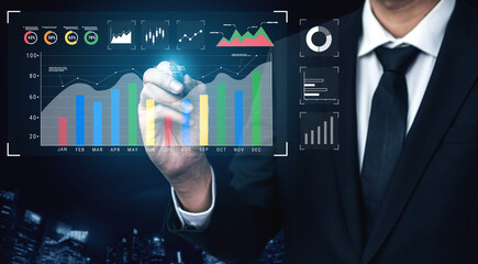 A business data analysis and performance monitoring dashboard. A collection of charts and graphs for strategic review and company evaluation. Motif
