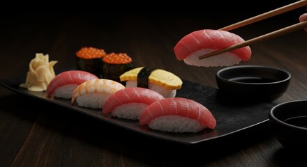 A selection of assorted sushi pieces, including tuna, shrimp, and egg, displayed on a dark plate, with chopsticks poised to lift a piece of tuna, against a dark wooden background,