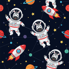 Cute astronaut zebras and rockets float in a starry outer space seamless pattern with planets