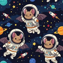 Cute cartoon astronaut bats flying in starry outer space with planets and rockets Kids design