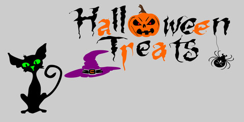 An illustration for Halloween, featuring a spooky house and tree against a large green moon with the text 