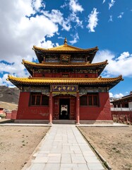 Buddhist temple facade under blue sky