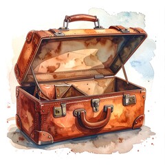 Open antique suitcase, watercolor style.  Aged brown leather,  interior compartments visible.  Soft watercolor background