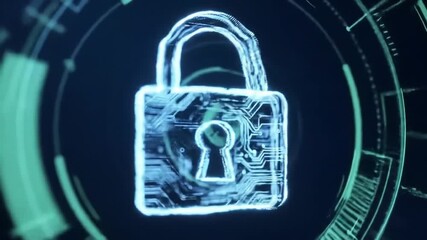 Glowing blue padlock with a circuit board design on a dark background with neon green hud elements for cybersecurity awareness month. - Powered by Adobe