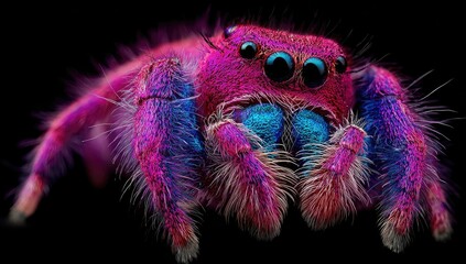 Close-up of a vibrant jumping spider, showcasing its intricate, colorful fur and striking eyes against a dark background.