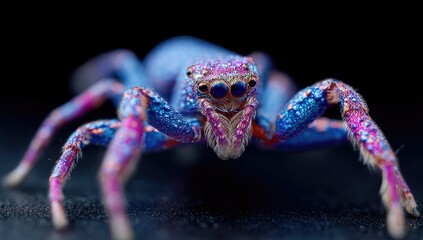 A close-up captures the vibrant hues of a jumping spider, showcasing its intricate patterns of iridescent blue and magenta.