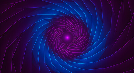 A mesmerizing abstract tunnel of swirling blue and purple neon geometric shapes spiraling into a glowing center.